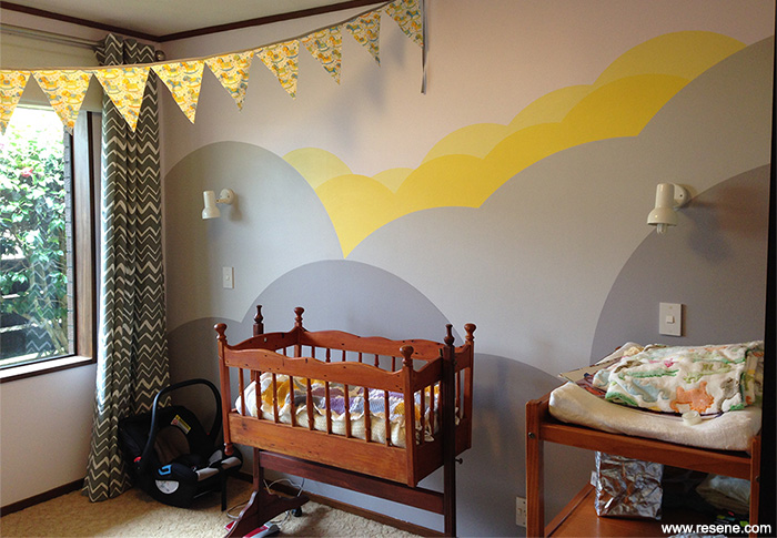 Cloud mural in a baby's room