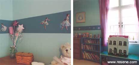 Instead of a feature wall there is a feature stripe of Resene Half Baked as a backdrop for the ballerina cutouts.