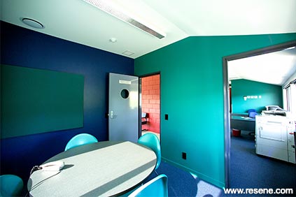 Teal and blue office room