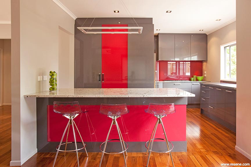 Bold red and grey kitchen
