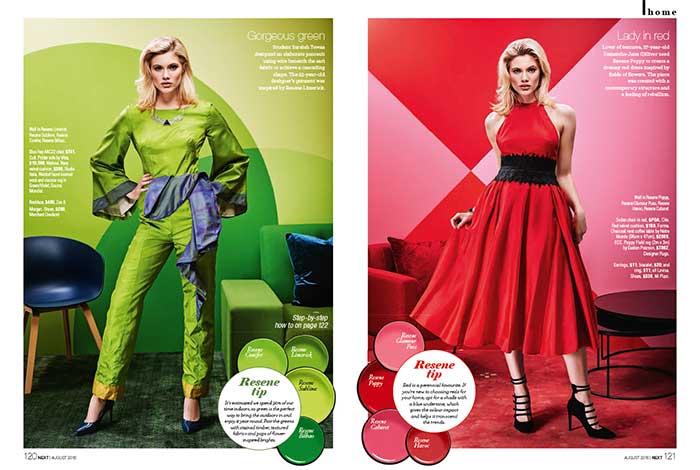 Garments created by NZ Fashion Tech students inspired by Resene colours and featured in Next magazine