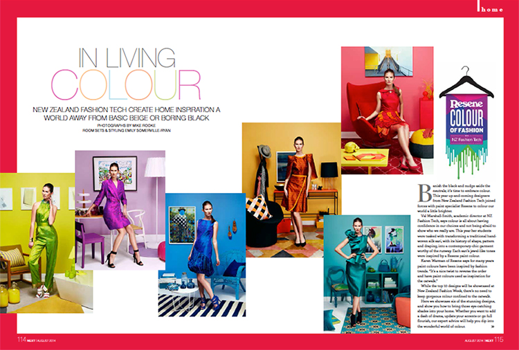 Garments created by NZ Fashion Tech students inspired by Resene colours and featured in Next magazine 2014