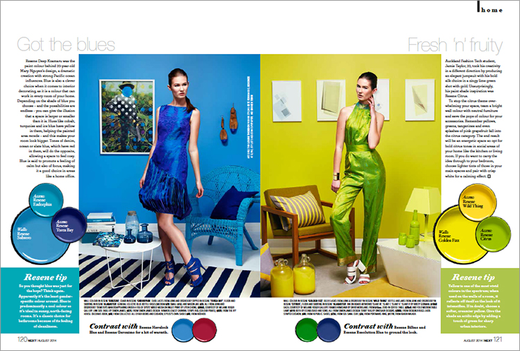 Garments created by NZ Fashion Tech students inspired by Resene colours and featured in Next magazine 2014