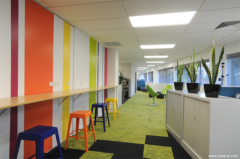 Leading Edge Communications redecoration of offices with a striped wall as a key element