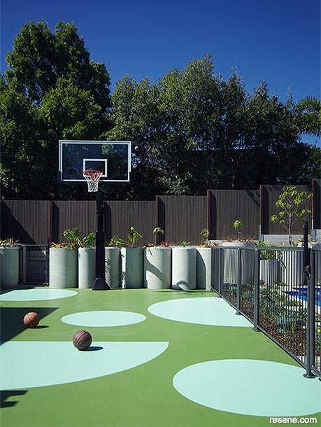 A painted basketball court in Resene colours