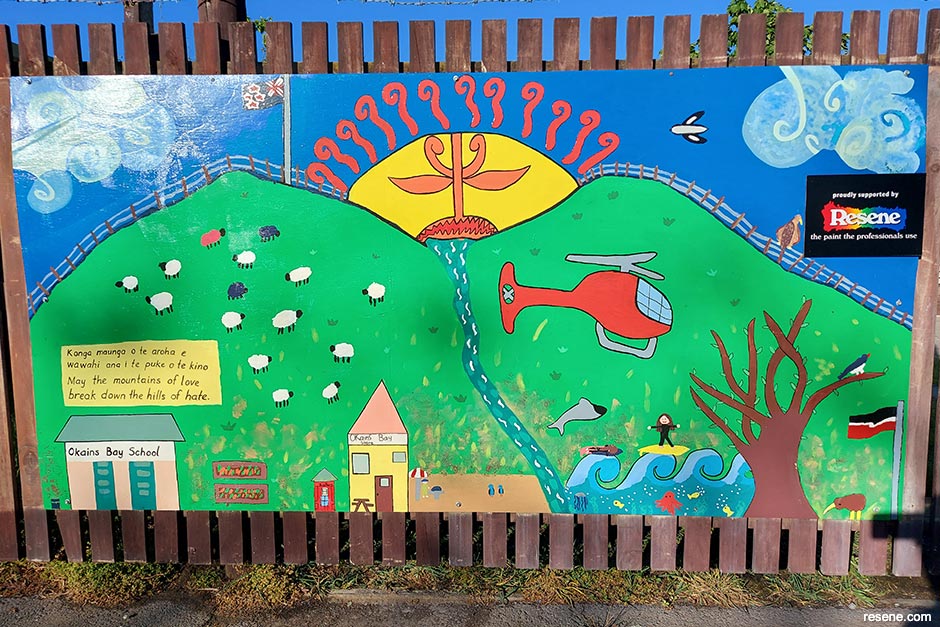 Taonga of Okains Bay mural theme
