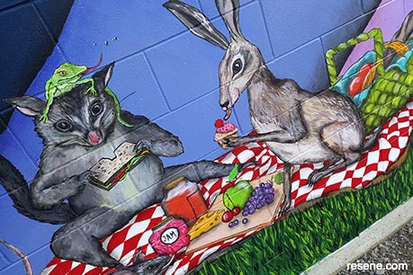 Little River Tennis Courts mural detail -  rat and rabbit