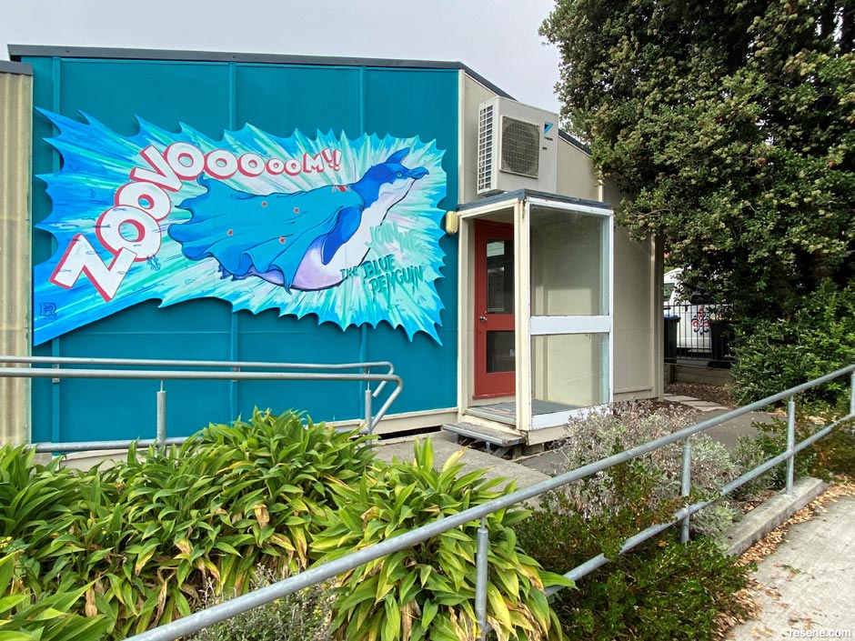 Akaroa Area School mural - Blue penguin hero themed