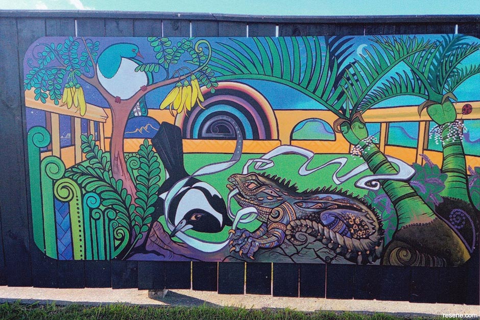 Meeanee Playgroup mural - Backyard taonga