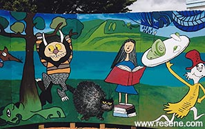 Mangonui Primary School Mural- library mural book characters
