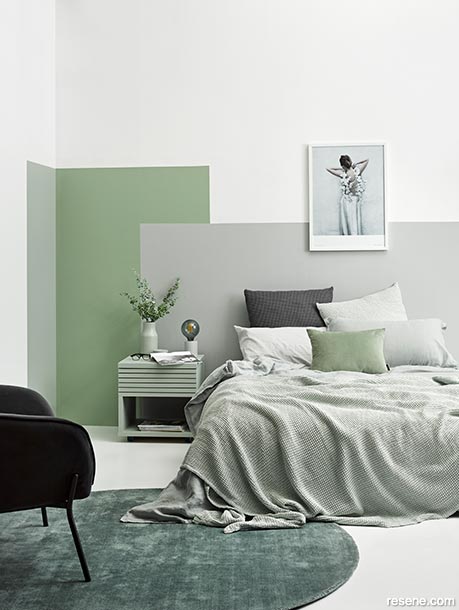 A tonal bedroom painted with oxidised greens