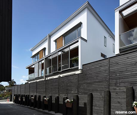 A stained black fence provides a stunning contrast to lighter cladding