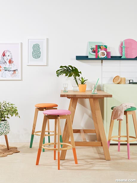 A dining room with bright pops of colour