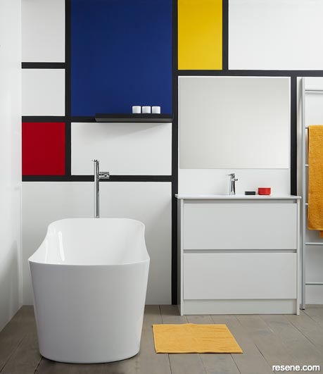 A Mondrian inspired bathroom using primary colours - red, yellow and blue!