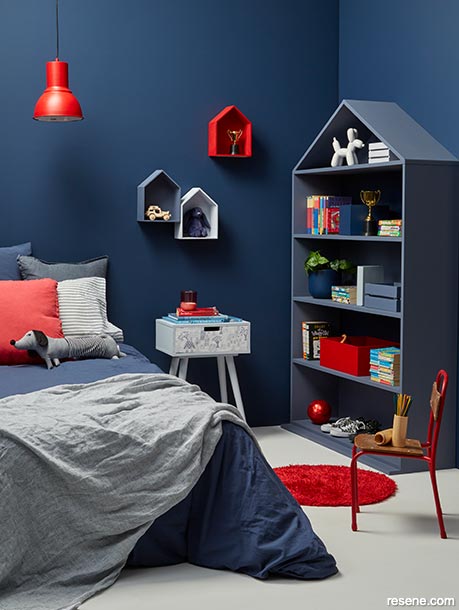 A dark blue kid's bedroom