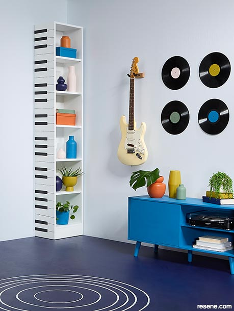 A vibrant blue music room