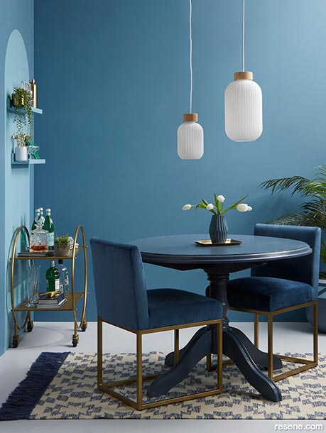 A calming blue dining area