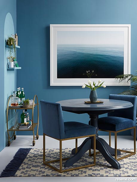 A soothing blue dining area