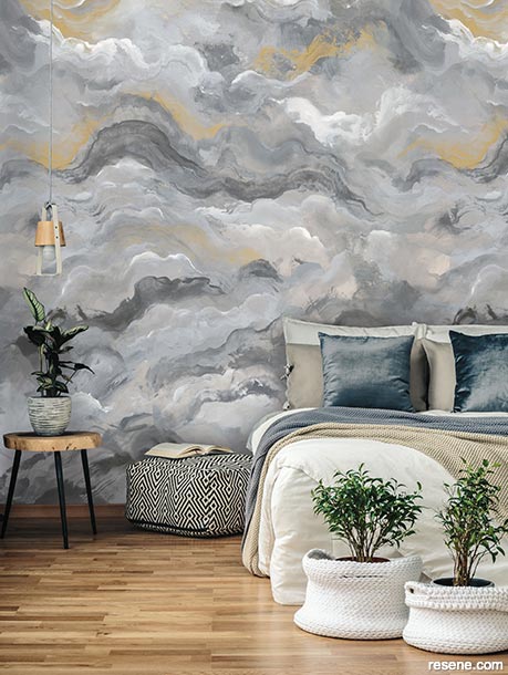 An abstract wallpaper design in this bedroom