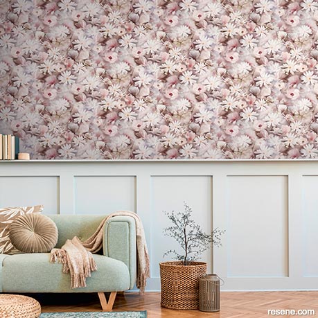 A lounge with floral wallpaper