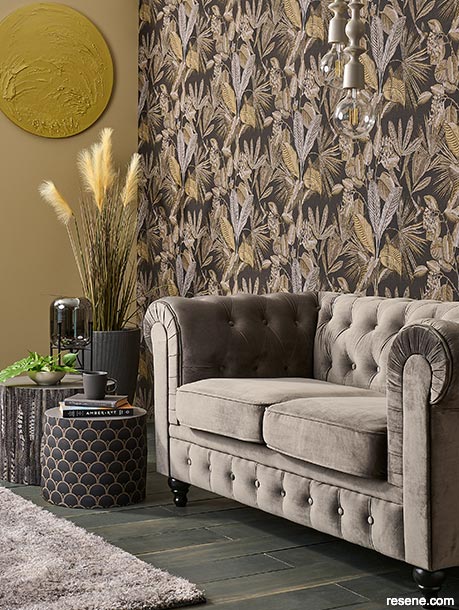 A lounge with dramatic wallpaper