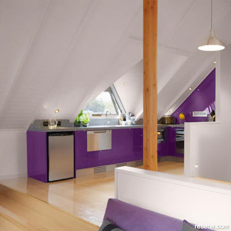 A purple kitchen with high painted ceilings