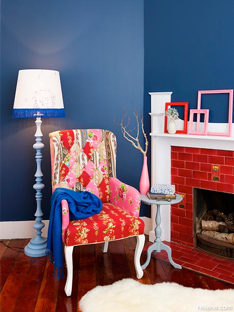 A blue and red interior colour scheme
