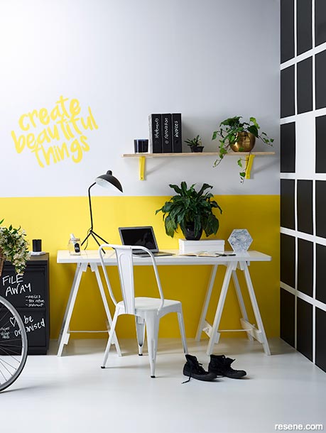 A bold black and yellow home office