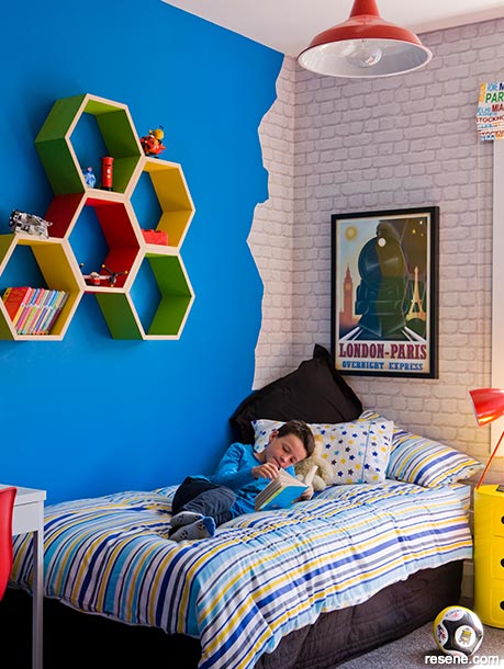 A bold blue kids bedroom