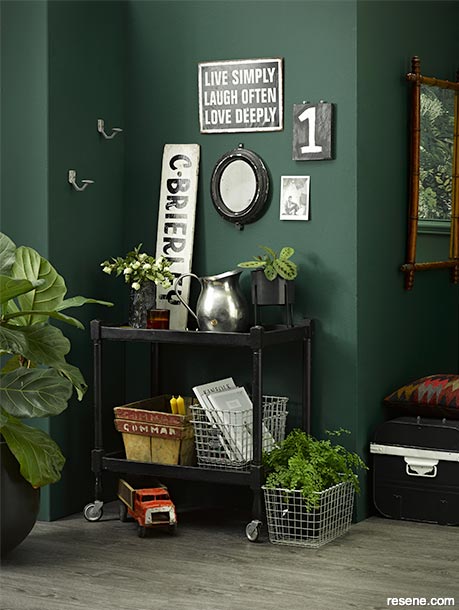 A dark green home interior