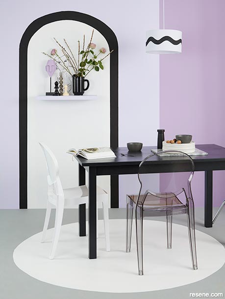 A painted archway brings attention to a floating shelf