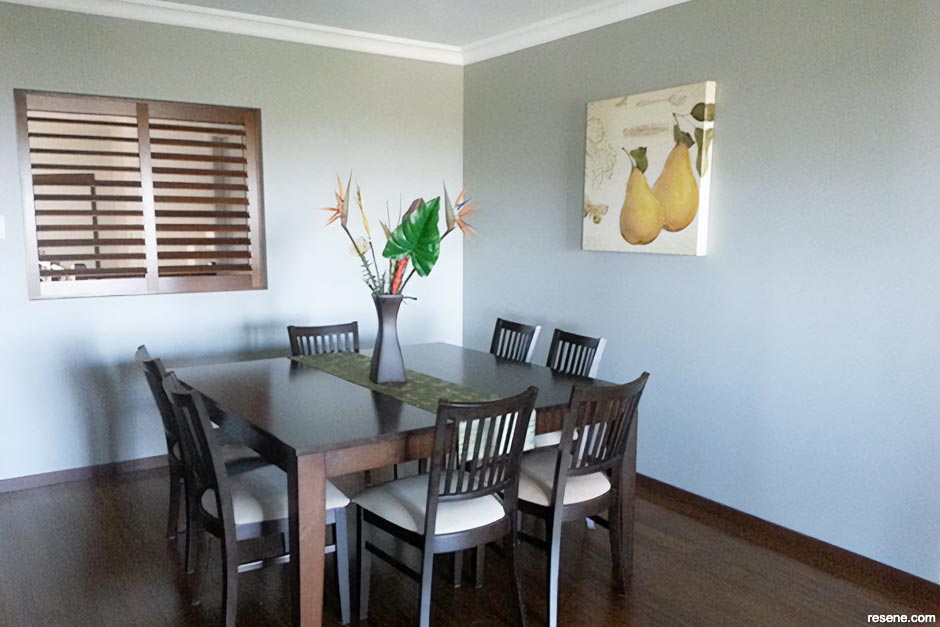 A neutral grey dining room