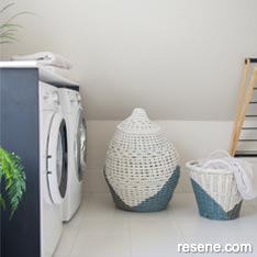 Paint cane and wicker laundry basket