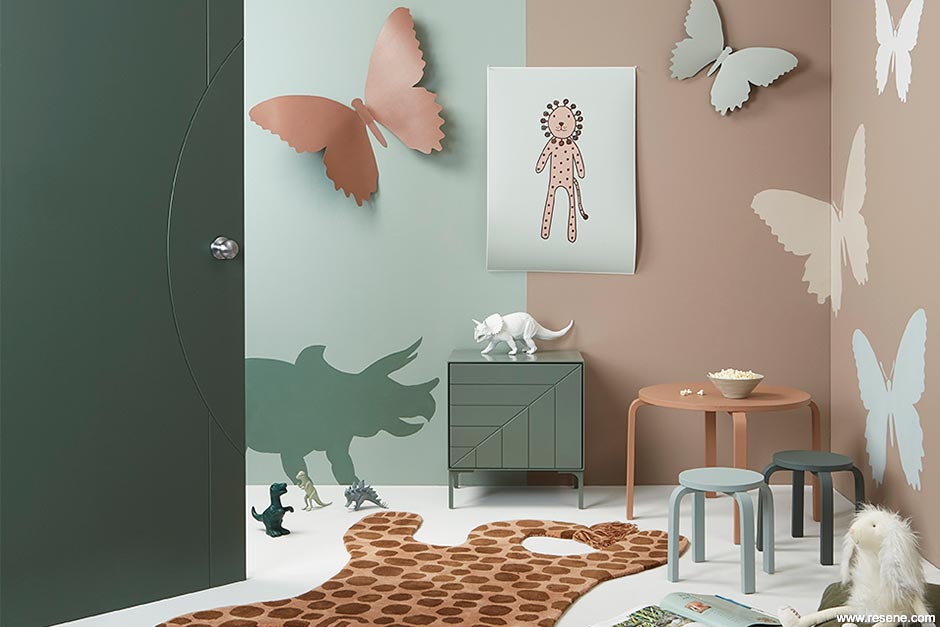 Shared kid's bedroom with dinosaurs and butterflies