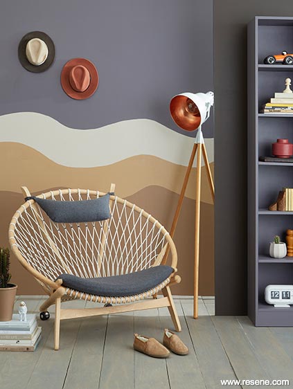 A warm wavy mural in blues, creames and browns
