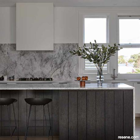 A grey, white, and charcoal kitchen