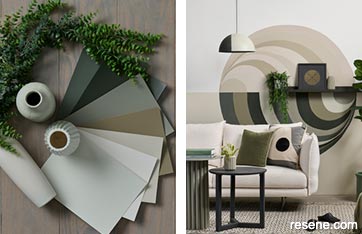 Circular swirly mural in greens and grey tones for your lounge