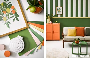 Lush greens are a fitting match for zesty citrus tones in your lounge