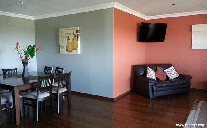The dining room has been painted in Resene Lemon Grass, skirting boards in Resene Cioccolato