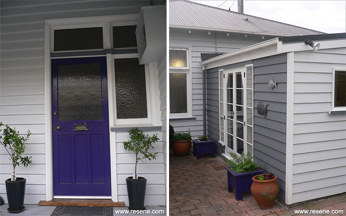 Front door is painted in Resene Violent Violet