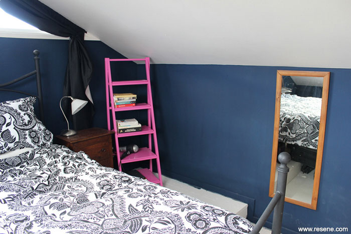 Bedroom with Resene Celestial Blue wall and Resene Smitten bookcase