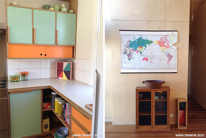the kitchen is finished in Resene Clementine Orange and Resene Summer Green