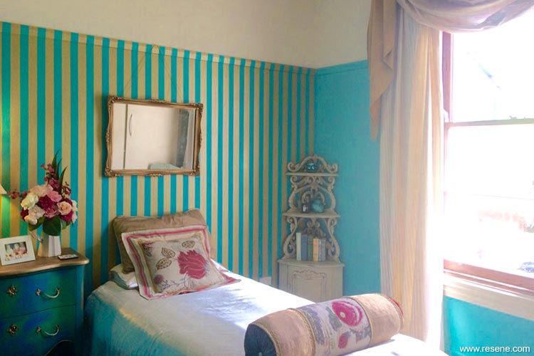 Teal and gold bedroom