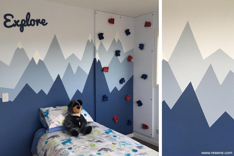 Mountain mural in childrens room and wall detail