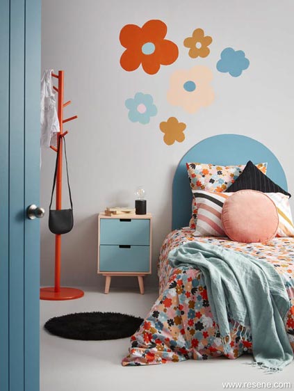 Flower wall mural and painted headboard