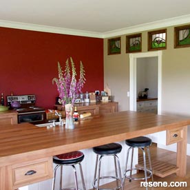 Red, white, and beige kitchen walls