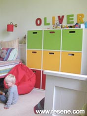 A brightly painted cabinet in a child's room