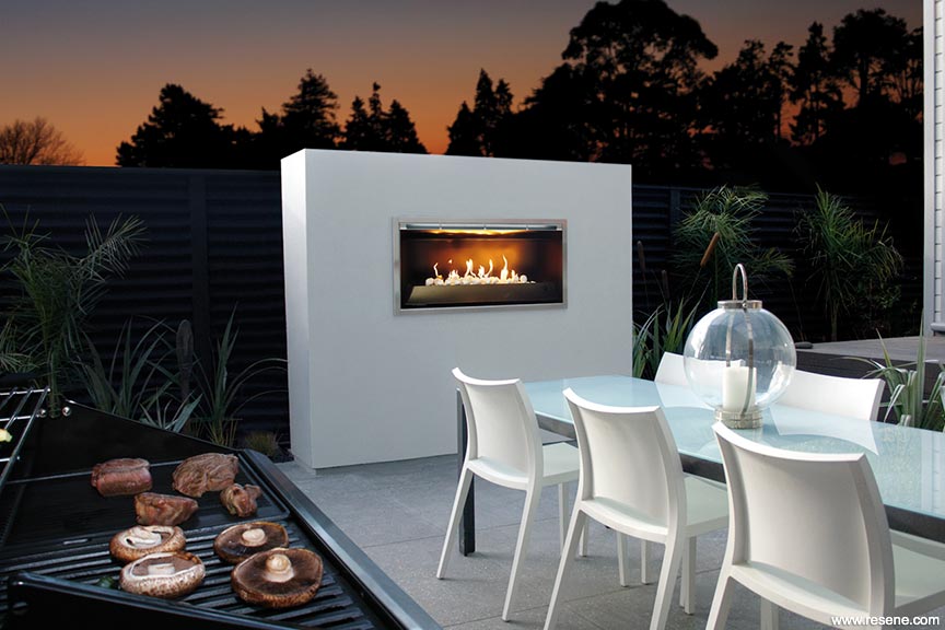 Contemporary gas-fed outdoor fireplace