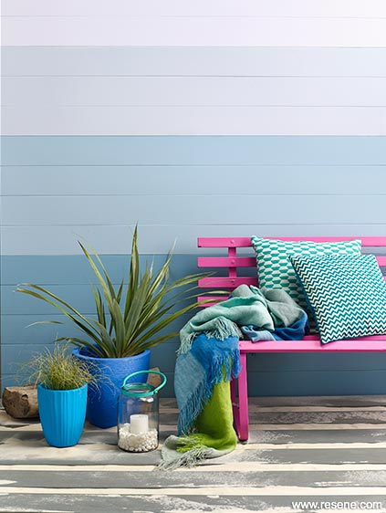 A beachy bach in Resene blues with a pop of hot pink
