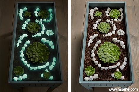 Deck planter with glow in the dark rocks